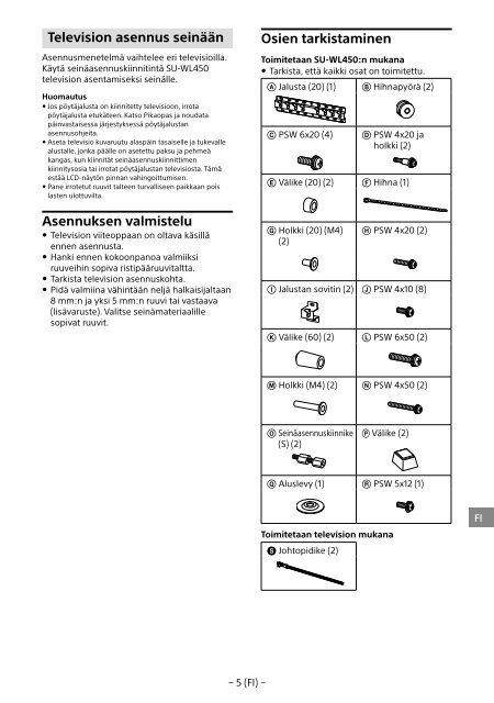 Sony SU-WL450 - SU-WL450 Informations d'installation du support de fixation murale Slov&eacute;nien