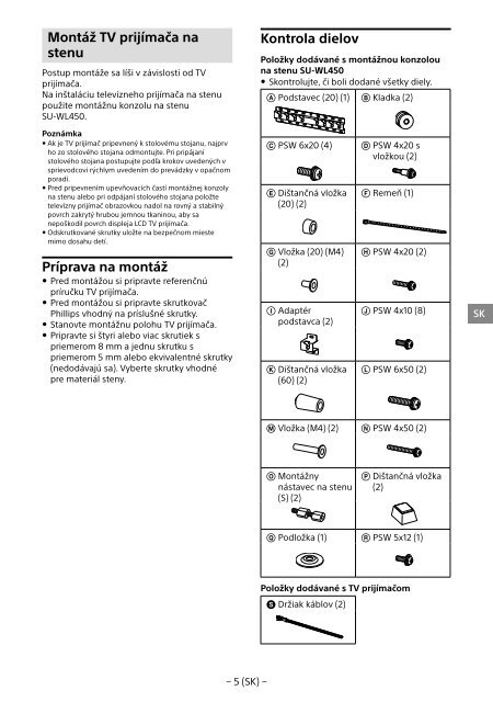 Sony SU-WL450 - SU-WL450 Informations d'installation du support de fixation murale Slov&eacute;nien