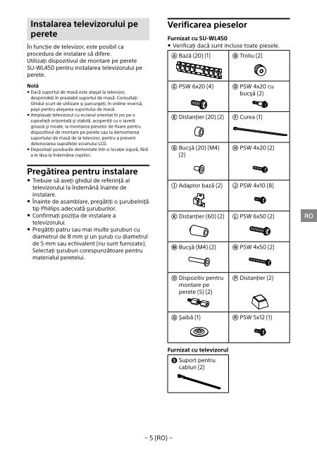 Sony SU-WL450 - SU-WL450 Informations d'installation du support de fixation murale Slov&eacute;nien