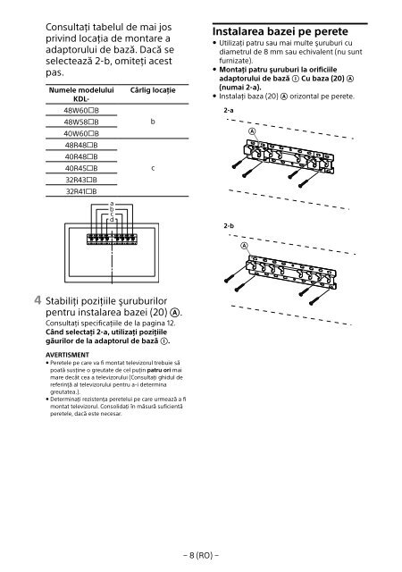 Sony SU-WL450 - SU-WL450 Informations d'installation du support de fixation murale Slov&eacute;nien