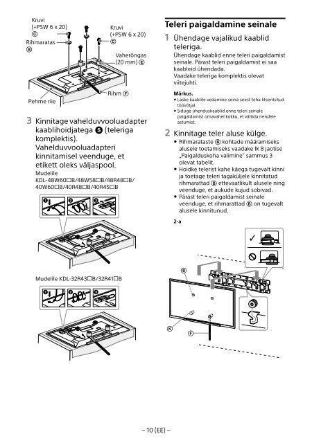 Sony SU-WL450 - SU-WL450 Informations d'installation du support de fixation murale Slov&eacute;nien