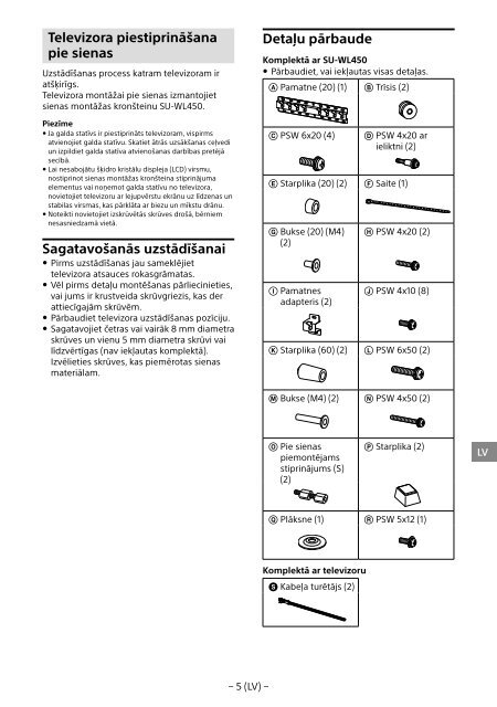 Sony SU-WL450 - SU-WL450 Informations d'installation du support de fixation murale Slov&eacute;nien