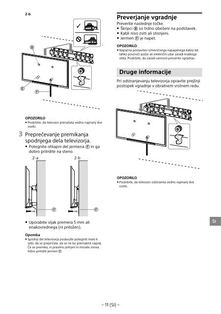 Sony SU-WL450 - SU-WL450 Informations d'installation du support de fixation murale Slov&eacute;nien