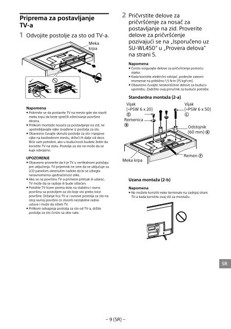 Sony SU-WL450 - SU-WL450 Informations d'installation du support de fixation murale Slov&eacute;nien