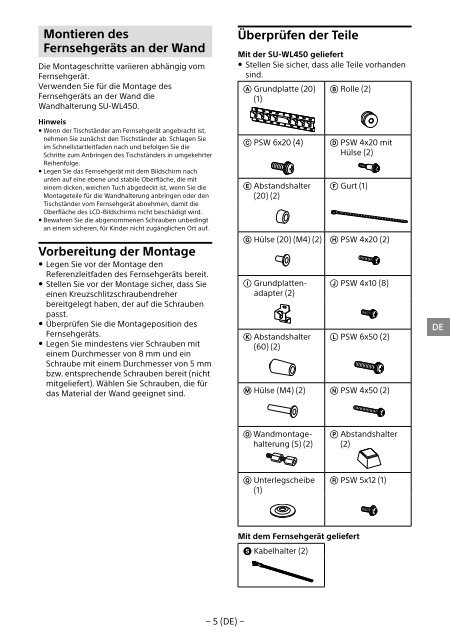 Sony SU-WL450 - SU-WL450 Informations d'installation du support de fixation murale Slov&eacute;nien