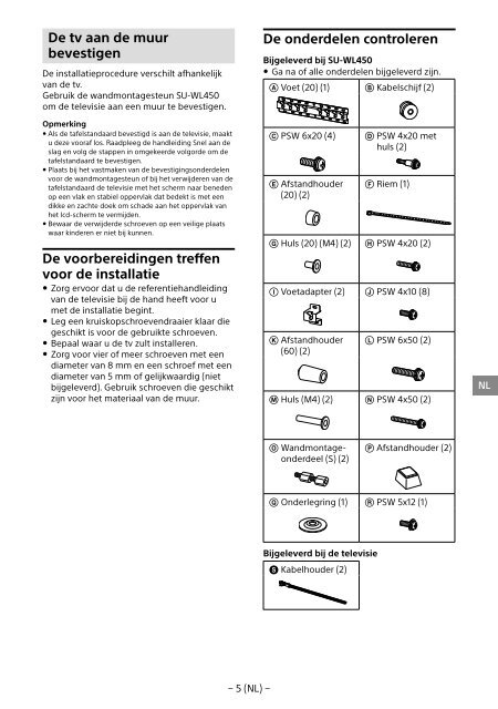 Sony SU-WL450 - SU-WL450 Informations d'installation du support de fixation murale Slov&eacute;nien