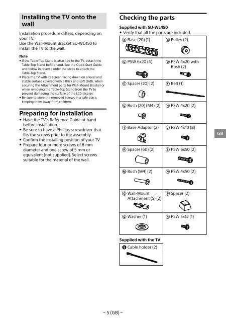 Sony SU-WL450 - SU-WL450 Informations d'installation du support de fixation murale Slov&eacute;nien