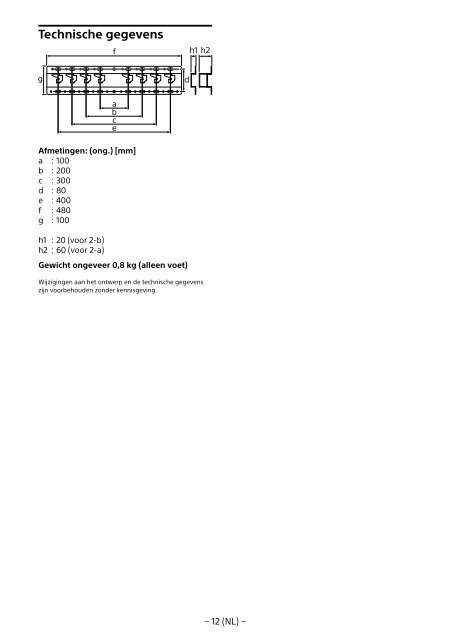 Sony SU-WL450 - SU-WL450 Informations d'installation du support de fixation murale Slov&eacute;nien