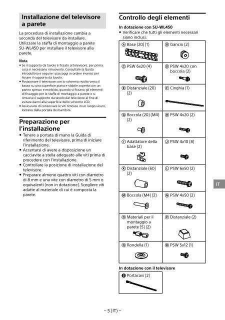 Sony SU-WL450 - SU-WL450 Informations d'installation du support de fixation murale Slov&eacute;nien