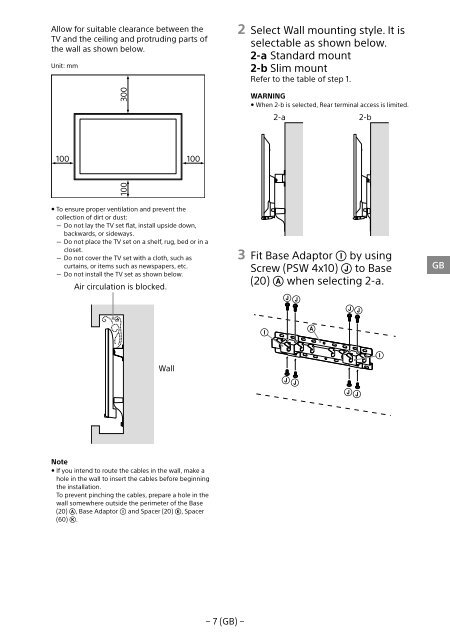 Sony SU-WL450 - SU-WL450 Informations d'installation du support de fixation murale Slov&eacute;nien