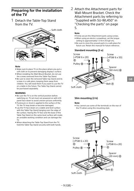 Sony SU-WL450 - SU-WL450 Informations d'installation du support de fixation murale Slov&eacute;nien