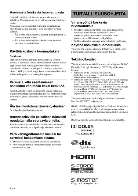 Sony SU-B460S - SU-B460S Consignes d&rsquo;utilisation Finlandais