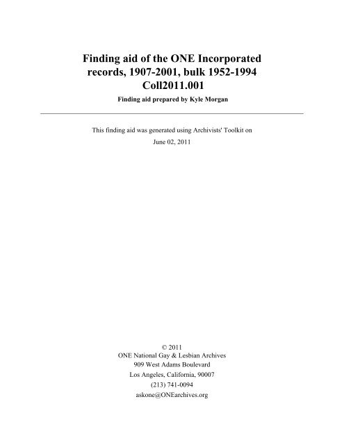 Finding aid of the ONE Incorporated records, 1907-2001, bulk 1952 ...