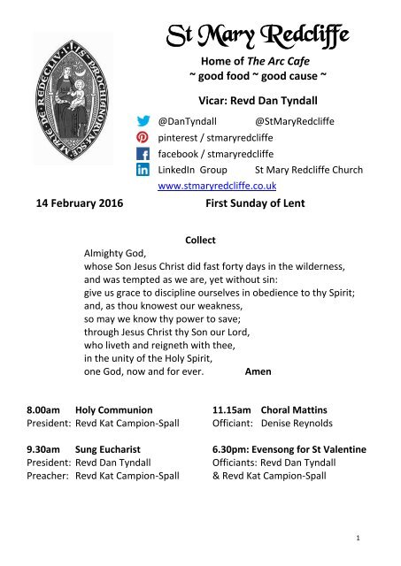 St Mary Redcliffe Church Pew Leaflet 14th February 2016