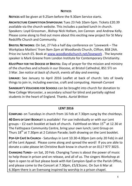 St Mary Redcliffe Church Pew Leaflet 14th February 2016