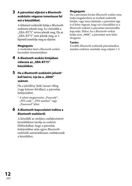 Sony XBA-BT75 - XBA-BT75 Consignes d&rsquo;utilisation Hongrois