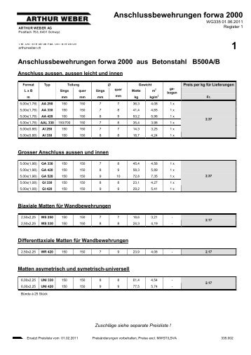 Anschlussbewehrungen forwa 2000 (PDF) - Arthur Weber AG