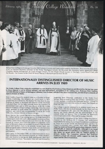 Trinity College Newsletter, vol 1 no 38, Februray 1989