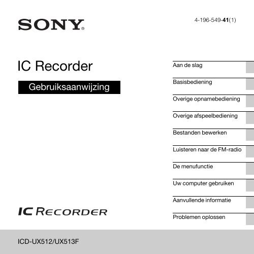 Sony ICD-UX513F - ICD-UX513F Consignes d&rsquo;utilisation N&eacute;erlandais