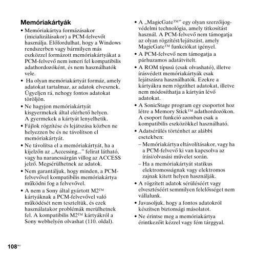 Sony PCM-M10 - PCM-M10 Consignes d&rsquo;utilisation Hongrois