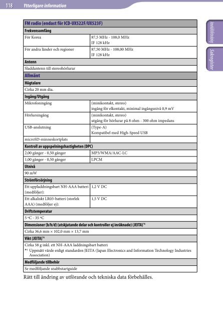 Sony ICD-UX522F - ICD-UX522F Consignes d&rsquo;utilisation Su&eacute;dois