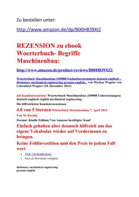 maschinenbau-woerterbuch/ deutsch-englisch uebersetzungen (Leseprobe  rezension bewertung beurteilung)