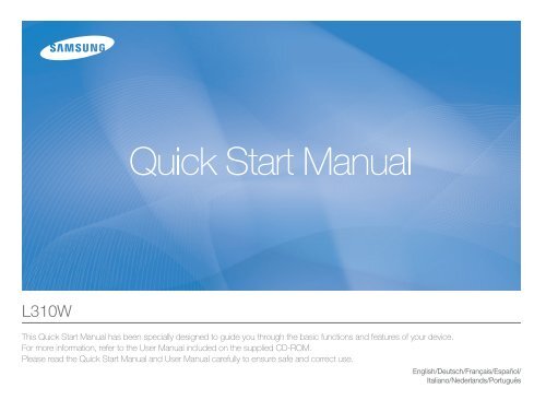 Samsung L310W (EC-L310WBBA/FR ) - Guide rapide 26.55 MB, pdf, Anglais, N&Eacute;ERLANDAIS, Fran&ccedil;ais, ALLEMAND, Italien, Portugais, Espagnol