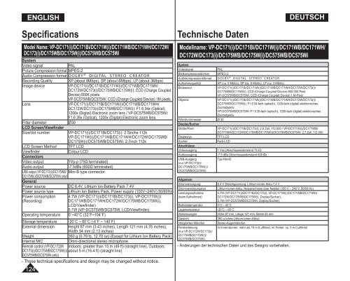 Samsung VP-DC175WB (VP-DC175WB/XEF ) - Manuel de l'utilisateur 21 MB, pdf, Anglais, ALLEMAND