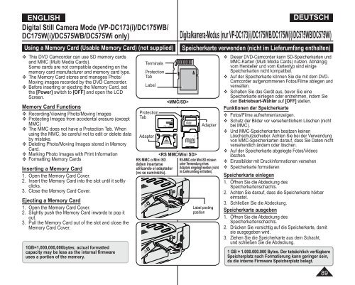 Samsung VP-DC175WB (VP-DC175WB/XEF ) - Manuel de l'utilisateur 21 MB, pdf, Anglais, ALLEMAND