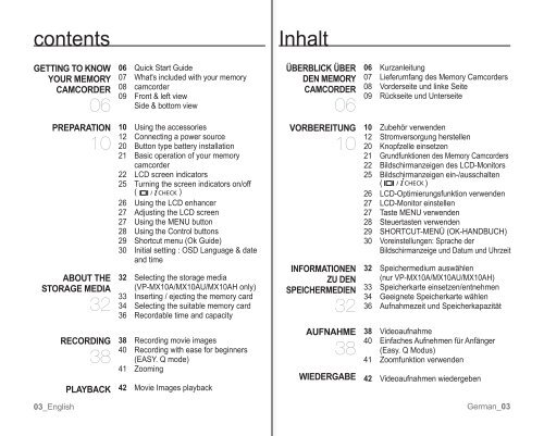 Samsung VP-MX10H (VP-MX10H/XEF ) - Manuel de l'utilisateur 5.52 MB, pdf, Anglais, ALLEMAND