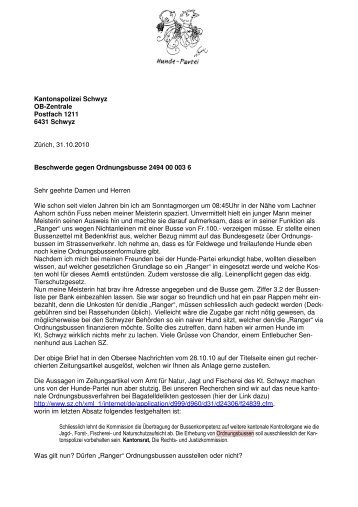 Lachner Aahorn Beschwerde der HUP bei der Kapo SZ