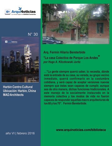 e-AN N° 30 nota N° 2 Arq. Fermín Hilario Bereterbide "La casa Colectiva de Parque Los Andes" por Hugo A. Kliczkowski Juritz
