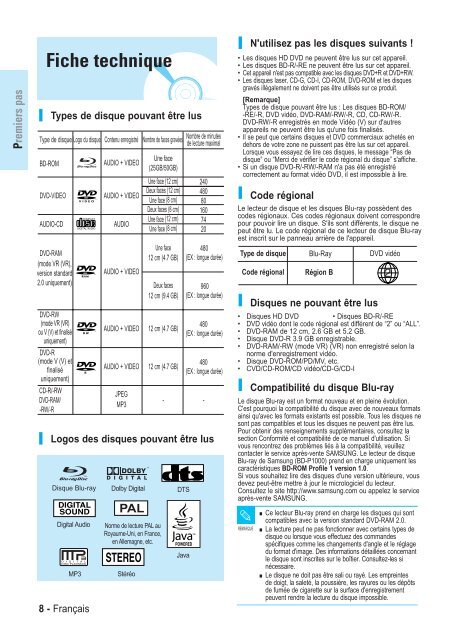 Samsung BD-P1000 (BD-P1000/XEL ) - Manuel de l'utilisateur 5.55 MB, pdf, Fran&ccedil;ais, ALLEMAND, Italien