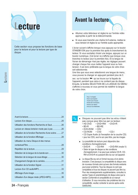 Samsung BD-P1000 (BD-P1000/XEL ) - Manuel de l'utilisateur 5.55 MB, pdf, Fran&ccedil;ais, ALLEMAND, Italien