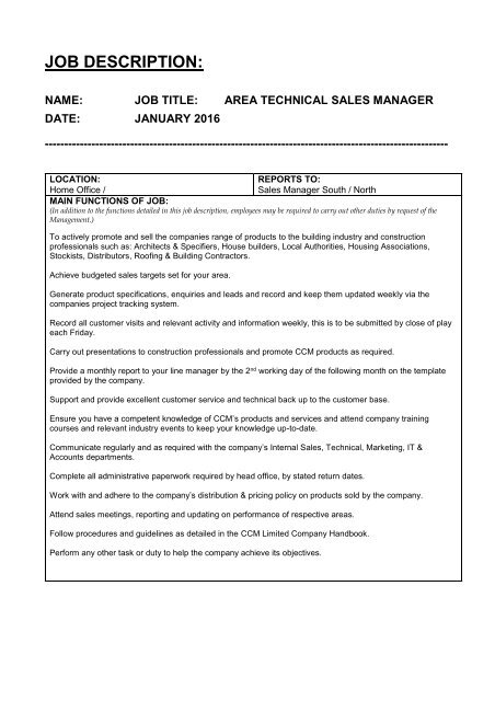 Job Description Area Sales Manager