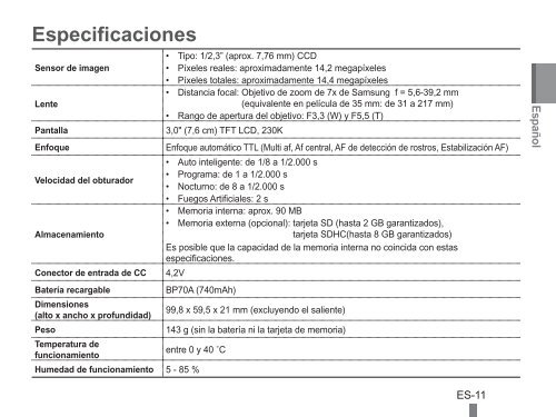 Samsung PL200 (EC-PL200ZBPBE1 ) - Guide rapide 2.45 MB, pdf, Anglais, Espagnol