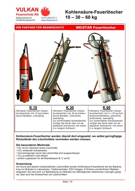Kohlensäure-Feuerlöscher 10 – 30 – 60 kg - Vulkan Feuerschutz