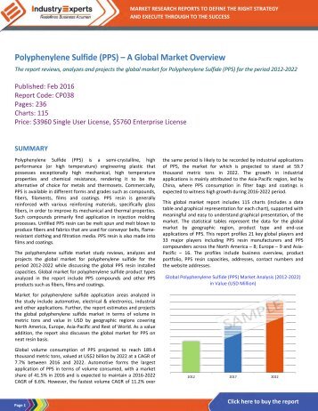 Metal Replacement in Automobiles and Increasing Demand for Filter Bags to Drive Growth of Polyphenylene Sulfide to Reach $2B by 2022