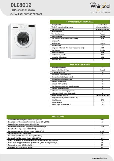 Whirlpool Lavatrice 8 kg, 1000 giri. DLC8012 - Scheda Tecnica_Italiano