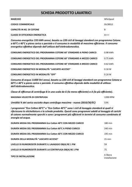 Whirlpool Lavatrice 8 kg, 1000 giri. DLC8012 - Scheda prodotto_Italiano