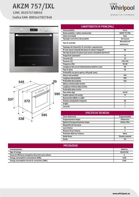 Whirlpool Forno elettronico 11 funzioni, linea Ambient AKZM 757/IXL - Scheda  Tecnica_Italiano