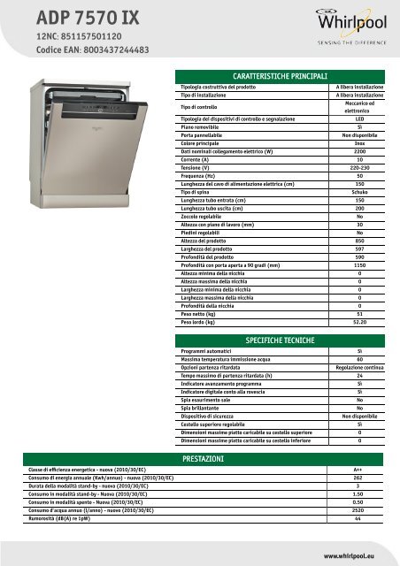 Whirlpool Lavastoviglie a libera installazione, 13 coperti, 8 programmi ADP  7570 IX - Scheda Tecnica_Italiano