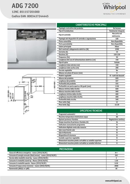 Whirlpool Lavastoviglie da incasso, 13 coperti, 6 programmi ADG 7200 -  Scheda Tecnica_Italiano
