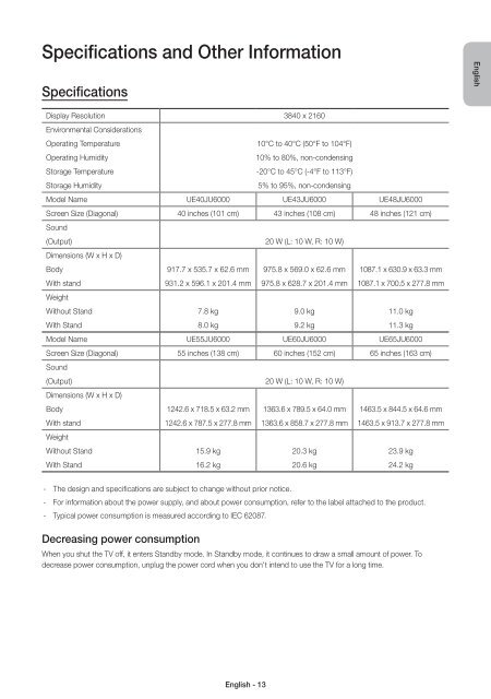 Samsung TV LED 48 pouces, UHD, 800 PQI - UE48JU6000 (UE48JU6000KXZF ) - Guide rapide 13.51 MB, pdf, Anglais, N&Eacute;ERLANDAIS, Fran&ccedil;ais, ALLEMAND