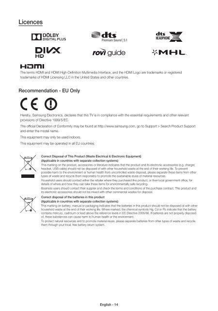 Samsung TV LED 48 pouces, UHD, 800 PQI - UE48JU6000 (UE48JU6000KXZF ) - Guide rapide 13.51 MB, pdf, Anglais, N&Eacute;ERLANDAIS, Fran&ccedil;ais, ALLEMAND