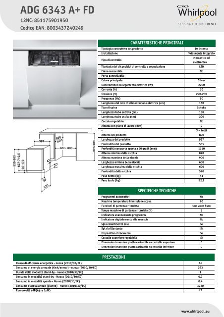 Whirlpool Lavastoviglie da incasso, 13 coperti, 5 programmi ADG 6343 A+ FD  - Scheda Tecnica_Italiano