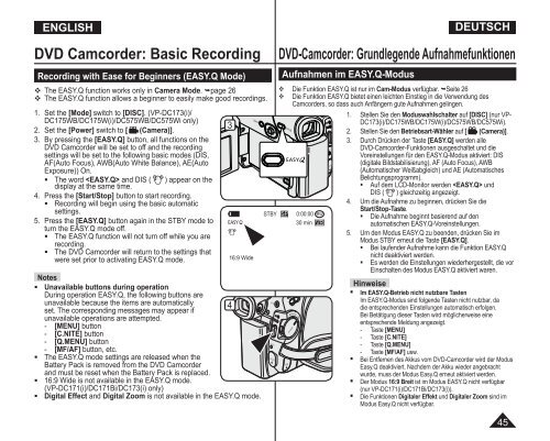 Samsung VP-DC171W (VP-DC171W/KIT ) - Manuel de l'utilisateur 21 MB, pdf, Anglais, ALLEMAND