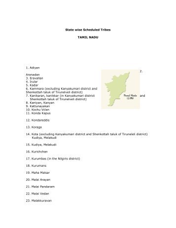 State wise Scheduled Tribes TAMIL NADU 1. Adiyan 2. Aranadan 3 ...