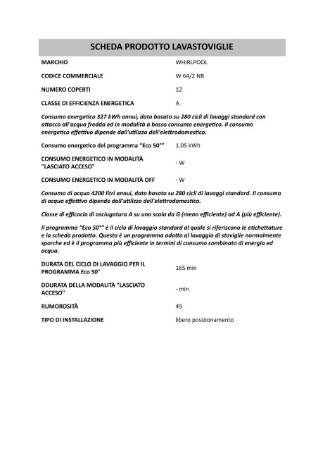 Whirlpool Lavastoviglie da incasso, 12 coperti, 5 programmi W 64/2 NB -  Scheda prodotto_Italiano