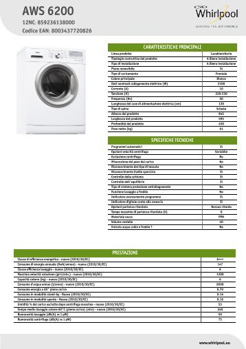 Whirlpool Lavatice compatta 45cm, 6Kg, 1200 giri AWS 6200 - Scheda Tecnica_Italiano